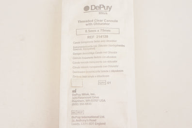 DePuy 214120 Threaded Clear Cannula with Obtoratir 8.5mm x 75mm